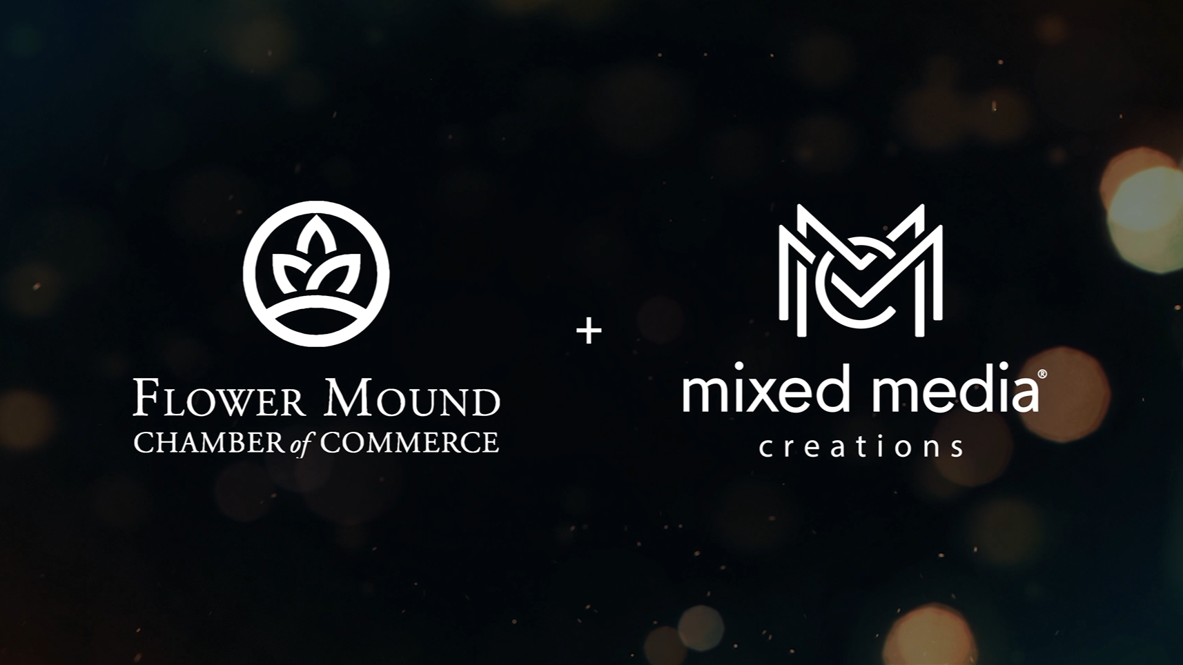 Two logos on a dark, blurry background: Flower Mound Chamber of Commerce on the left and Mixed Media Creations—experts in multifamily marketing—on the right, separated by a plus sign.